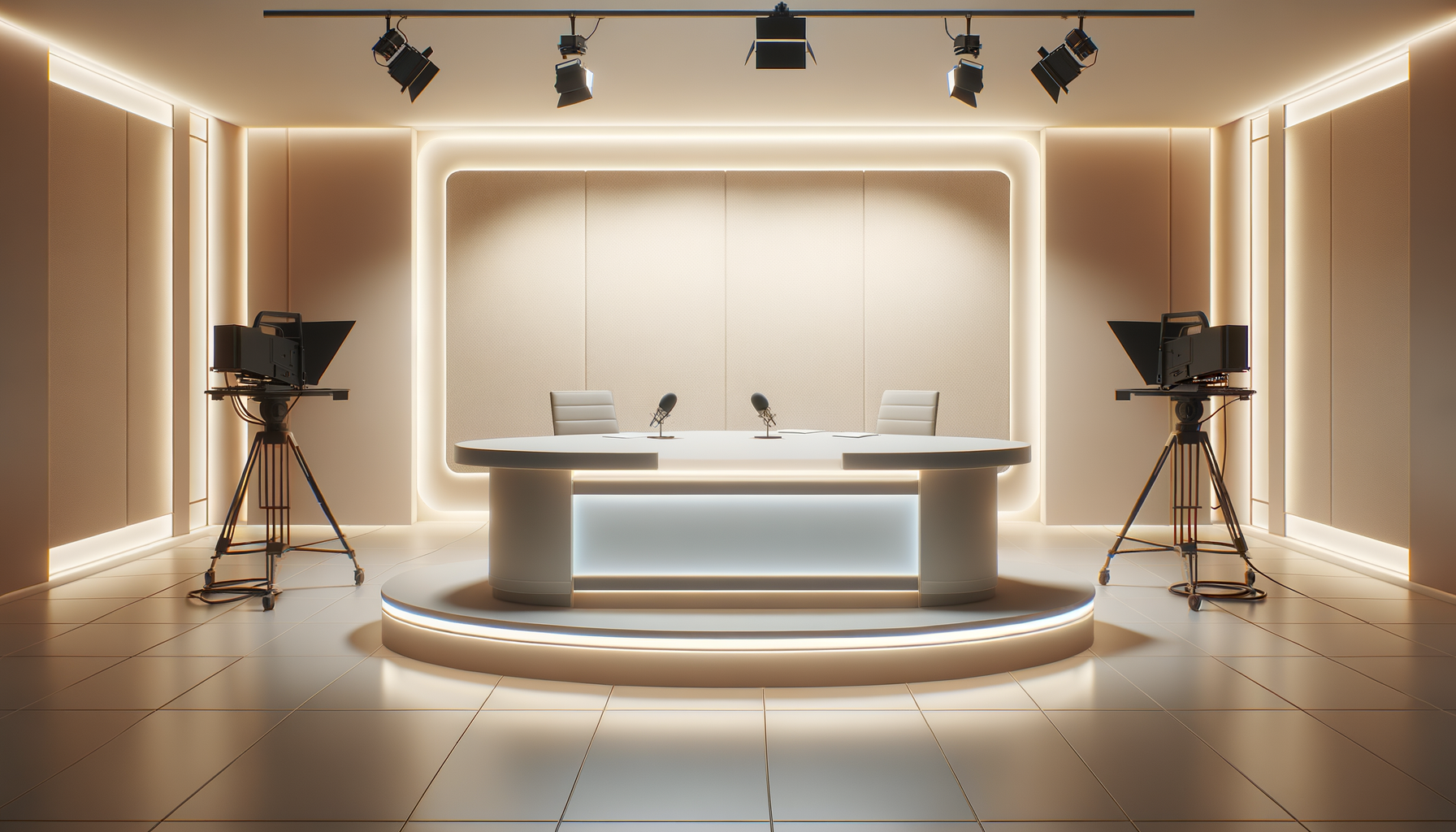 A modern photography studio with a round table, two chairs, two microphones, professional video cameras on tripods, and studio lighting cameras.