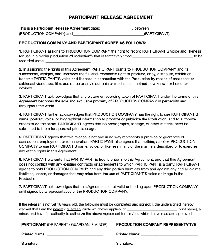 Talent Release Agreement Form