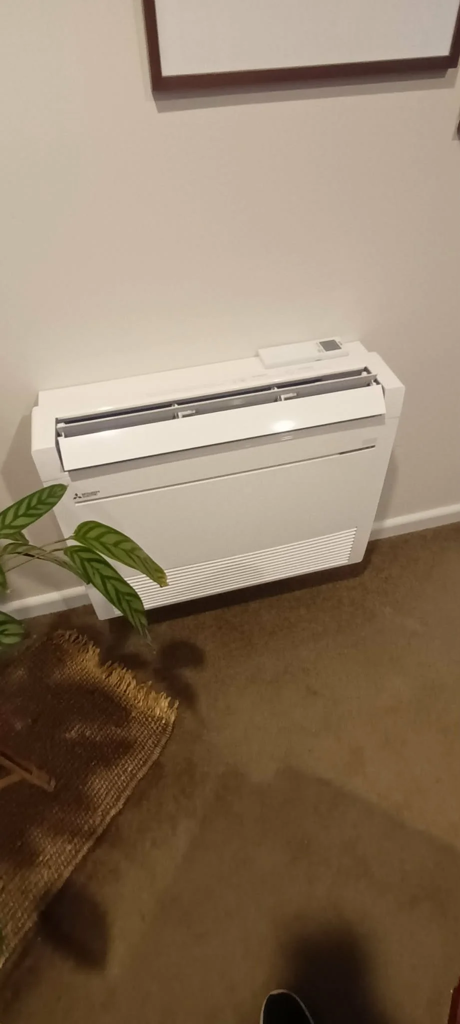 White wall-mounted heater or air conditioner unit in a room with a brown carpet and a potted plant with green leaves.