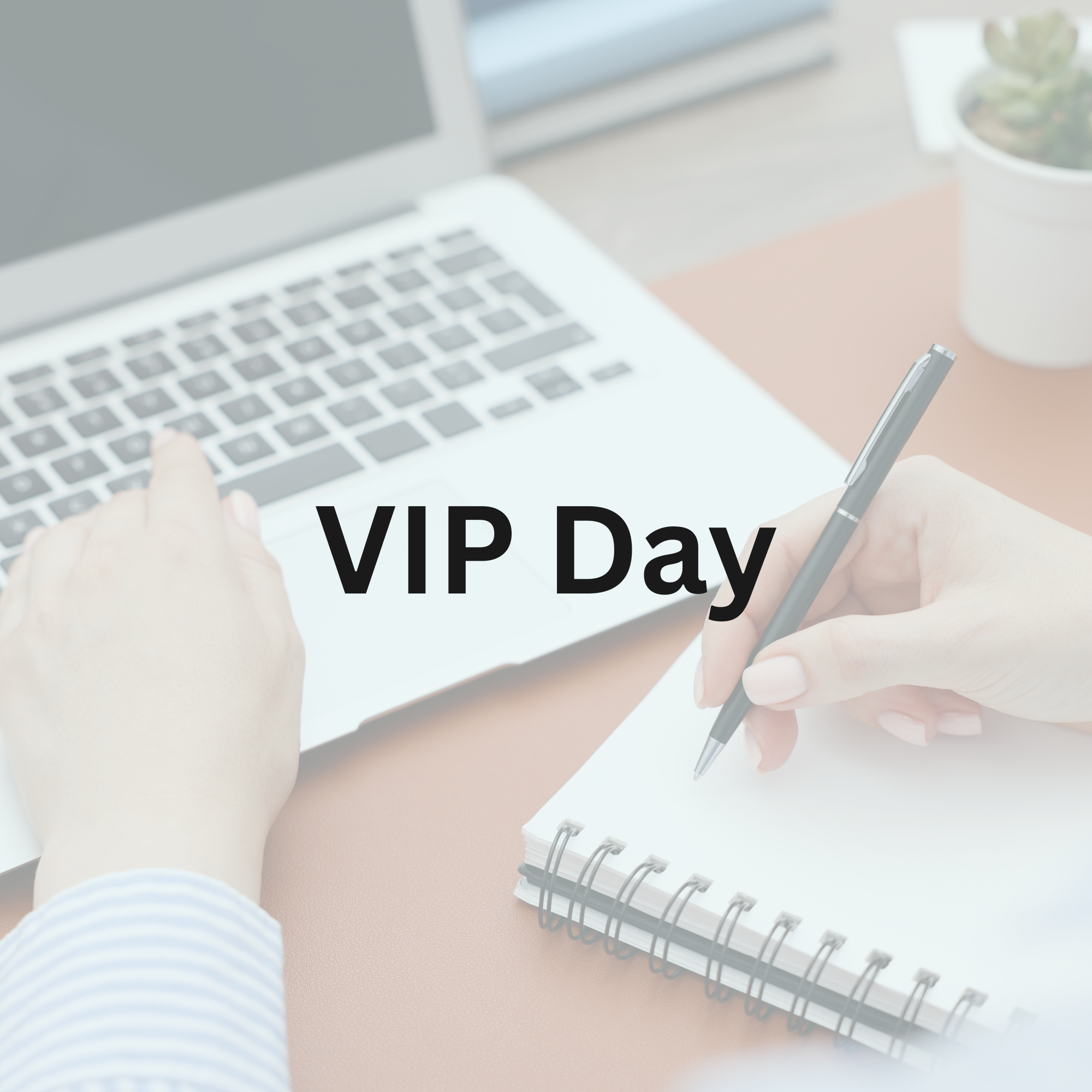 A person with a light blue shirt on writing in a spiral notebook with a pen, with a silver laptop and a white potted cactus on a desk. The text 'VIP Day' is overlaid.