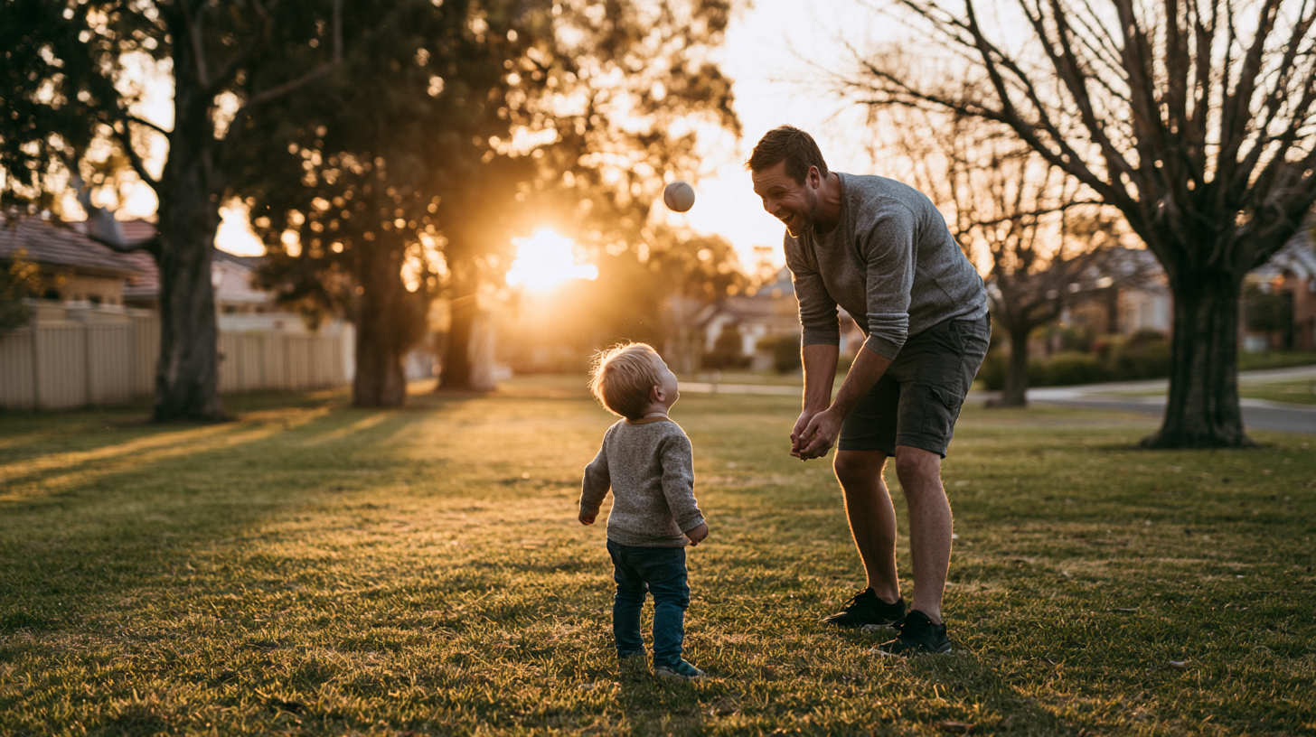A man playing with his child in the yard after his counselling appointment