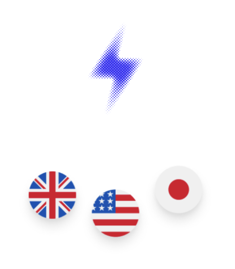 A purple lightning bolt graphic above three circular icons with flags: United Kingdom, United States, and Japan.