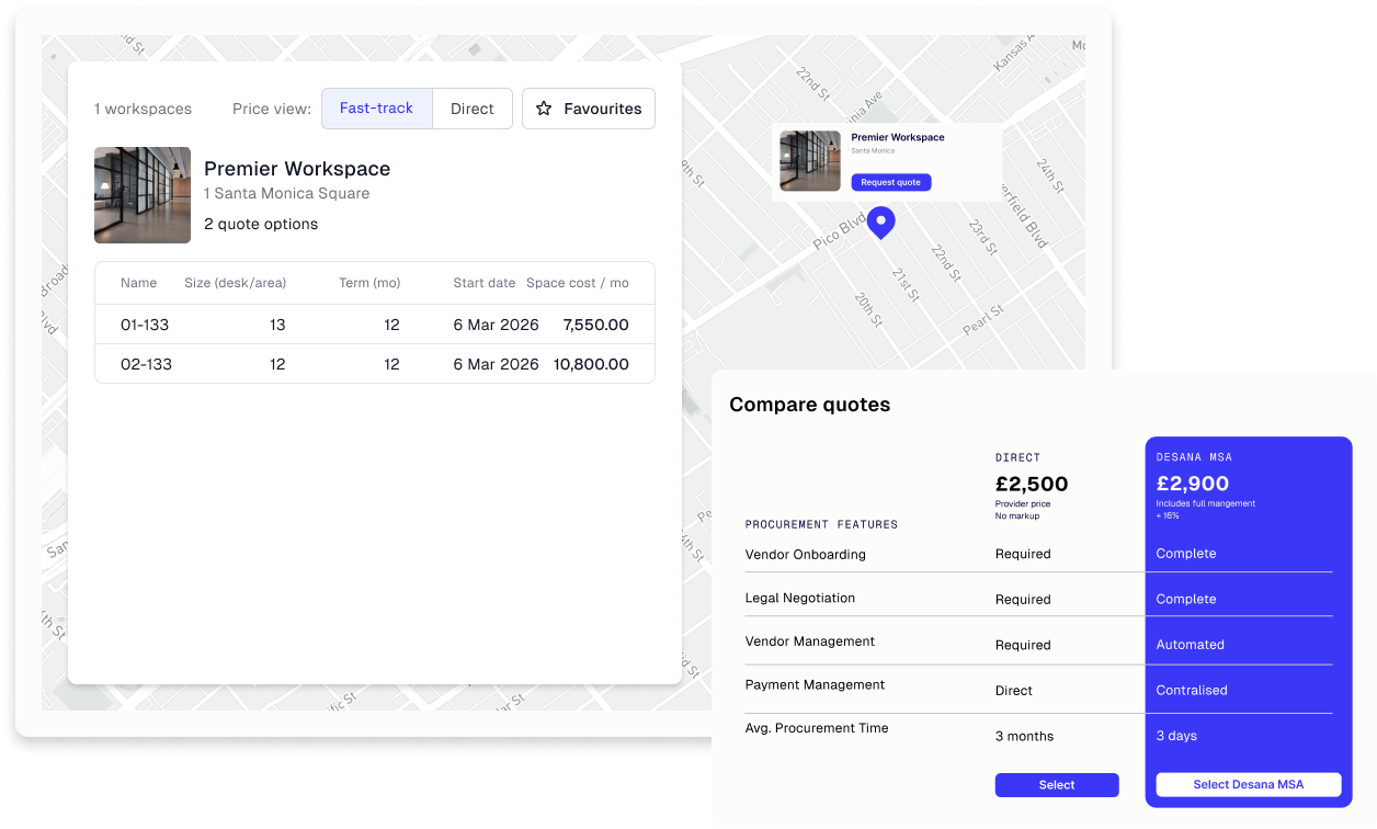 A digital map interface showing property details and pricing options for Premier Workspace at Santa Monica Square, with a comparison of quote options including direct and Desana MSA.