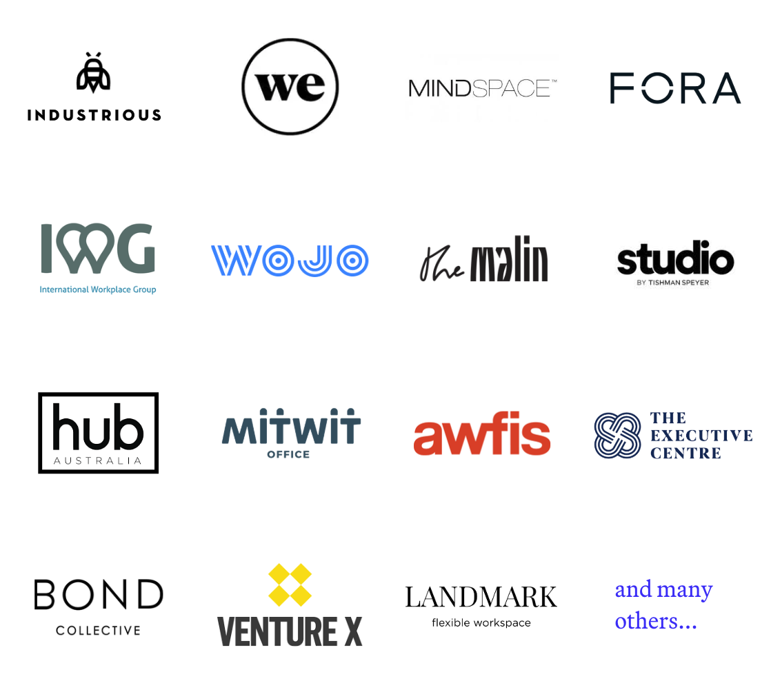 Collection of various company logos and names, including WeWork, Mindspace, Fora, IWG, Wojo, The Malin, Studio by Tishman Speyer, Hub Australia, MitWiT Office, Afwis, The Executive Centre, Bond Collective, Venture X, Landmark flexible workspace, and others.