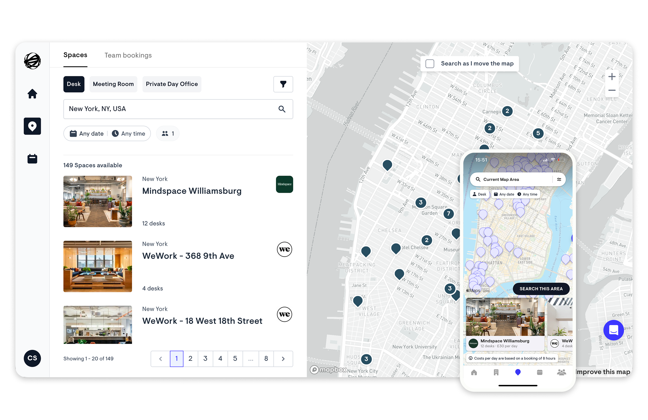 Screenshot of a workspace booking app showing available spaces in New York, NY, including Mindspace Williamsburg, WeWork 368 9th Ave, and WeWork 18 West 18th Street. The app displays map locations, space details, and booking options on both desktop and mobile views.