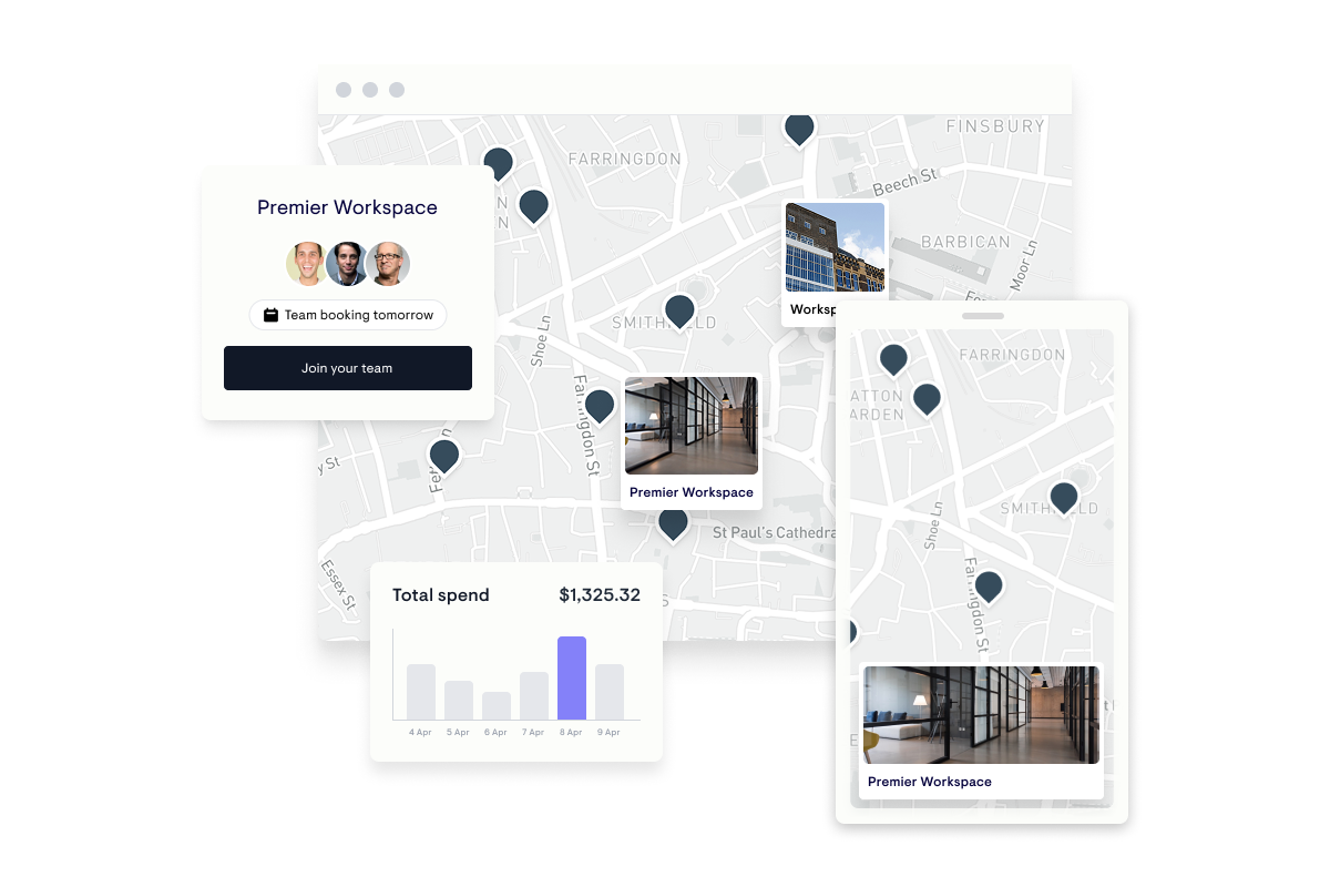 Digital map interface displaying multiple locations of coworking spaces with images, user profiles, scheduling options, and a spending graph