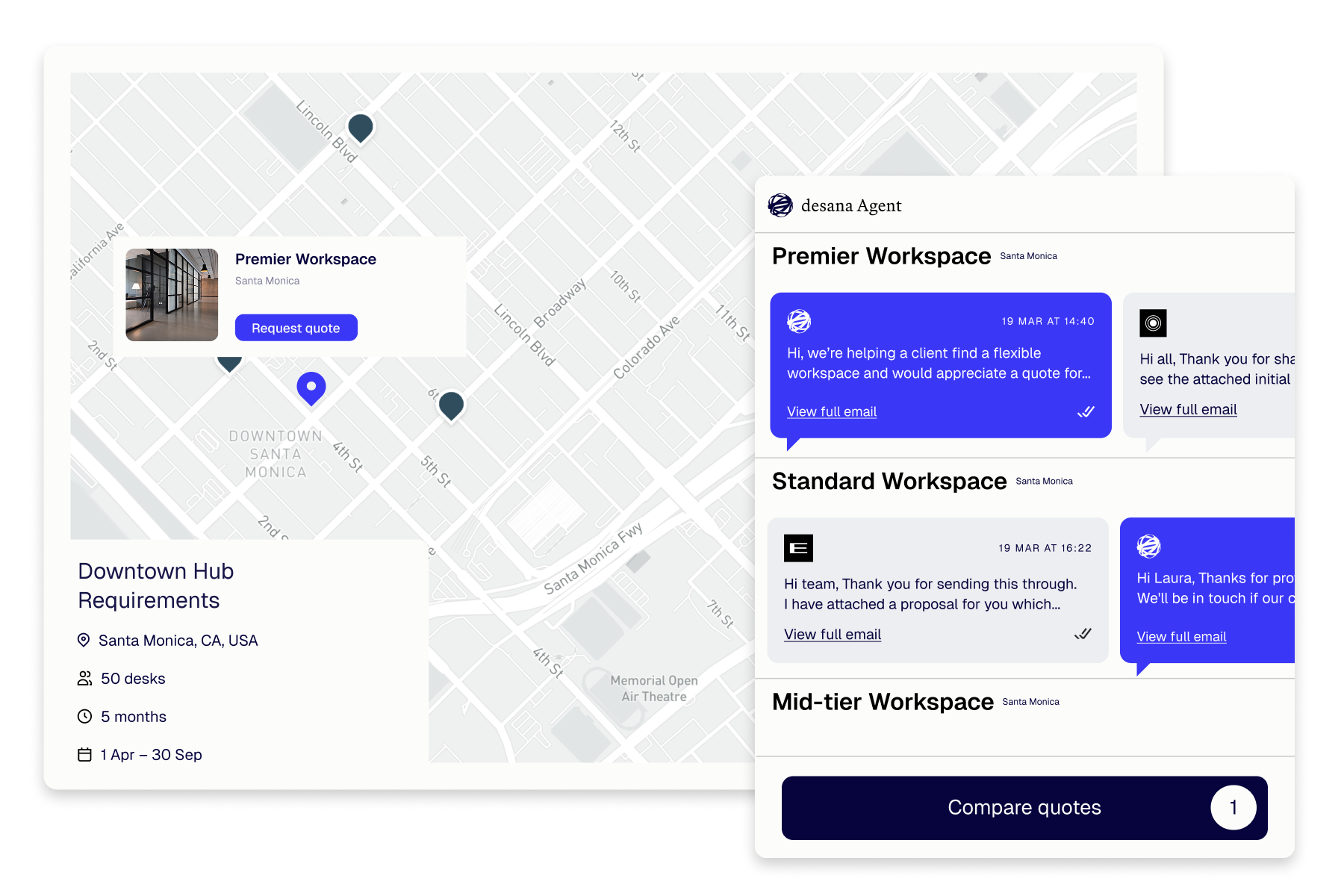 Map of downtown Santa Monica showing multiple office workspace options including Premier Workspace, Downtown Hub Requirements, and others, with contact details and selection options.
