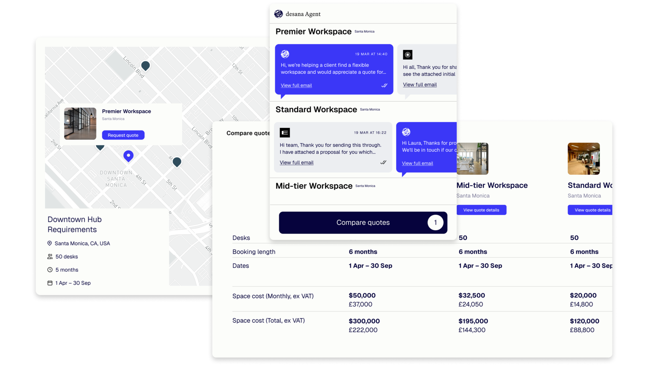 Collection of digital workspace and quote comparison interfaces showing locations, messages, and pricing details for different workspace options in Santa Monica.