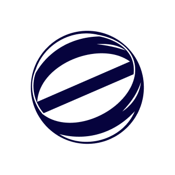 A dark blue spherical shape with a stylized design, possibly a logo, on a black background.