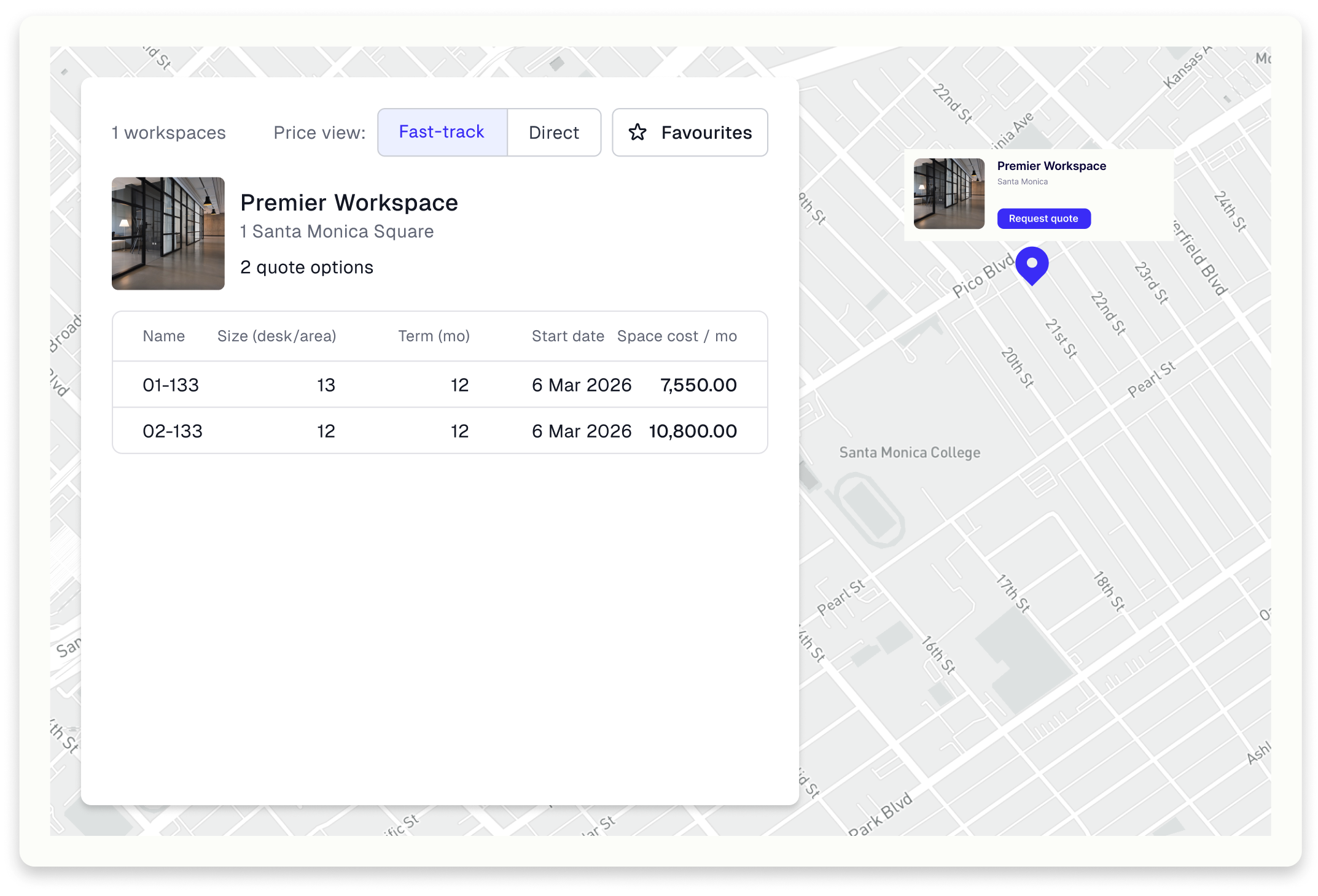 Screenshot of a workspace booking interface showing available office spaces at Santa Monica Square with pricing details, map overview of Santa Monica with nearby streets, and options for floor plan views.
