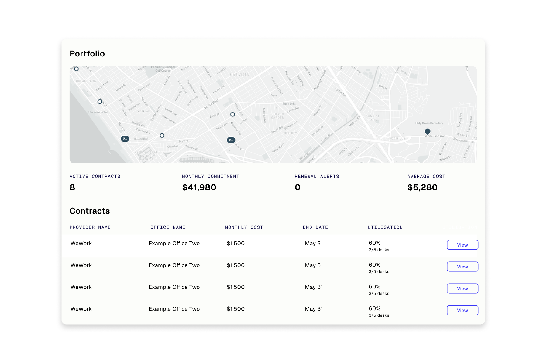 A digital dashboard showing a map with location points, and a table with contract information including provider, office, costs, and end date.