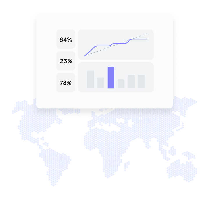 A digital infographic showing a world map with a data chart overlay. The chart contains a line graph at the top with a rising trend and a bar graph below with vertical bars, one of which is highlighted in blue. The overlays include percentages: 64%, 23%, and 78%.
