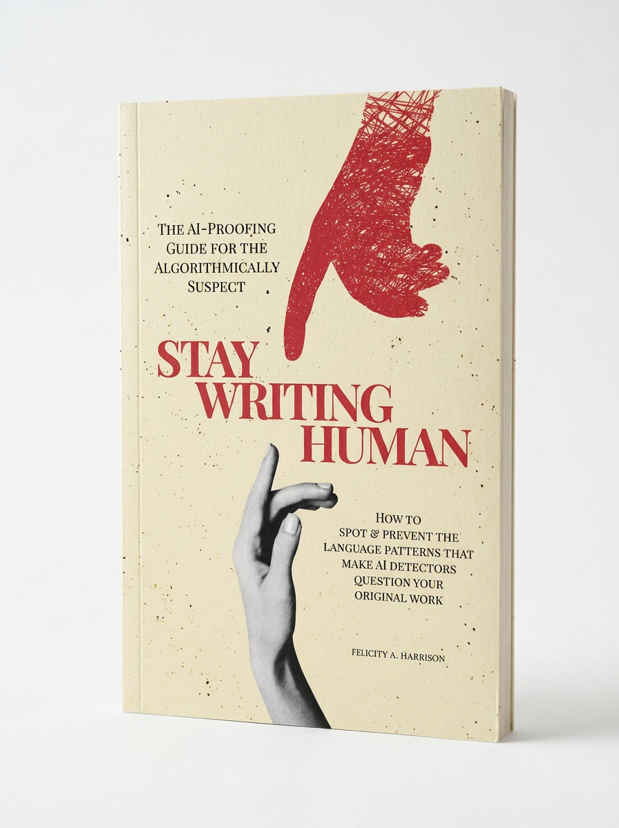 Book titled 'Stay Writing Human' with a red hand pointing downward and a black and white hand pointing upward on the cover.