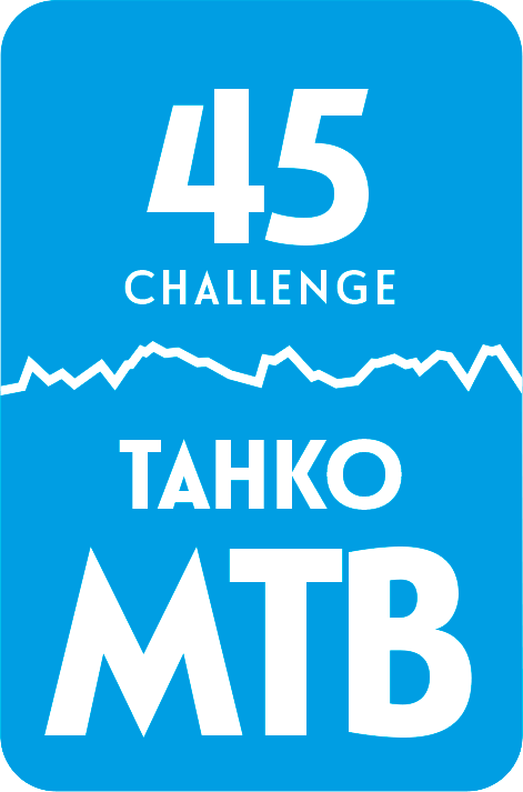 Sininen graafinen elementti, jossa teksti '45 Challenge' ja 'Tahko MTB'