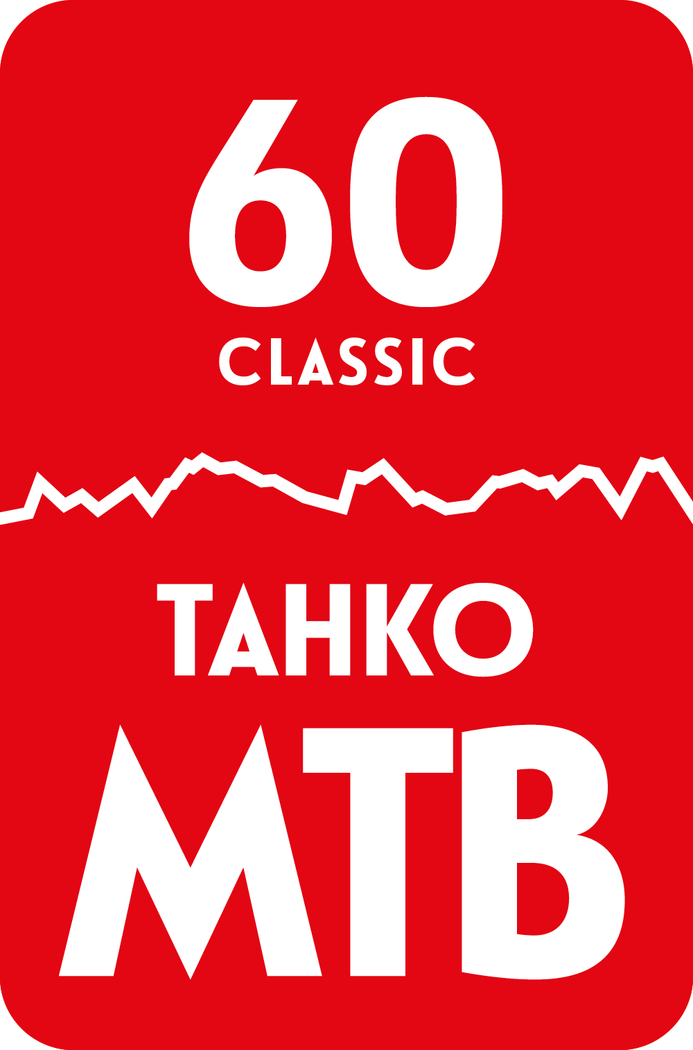 Punainen graafinen elementti, jossa lukee '60 Classic TAHTO MTB'.