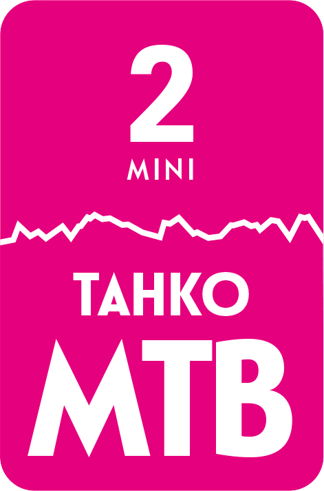 Pinkki graafinen elementti, jossa lukee '2 MINI TAHKO MTB'.