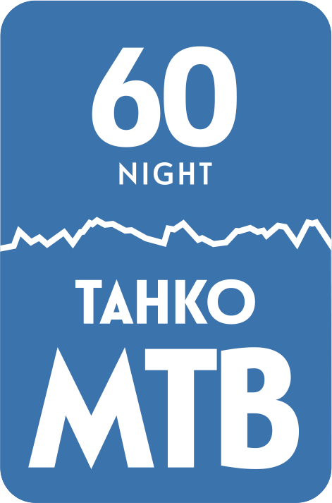 Sininen graafinen elementti, jossa lukee '60 NIGHT TAHKO MTB'.