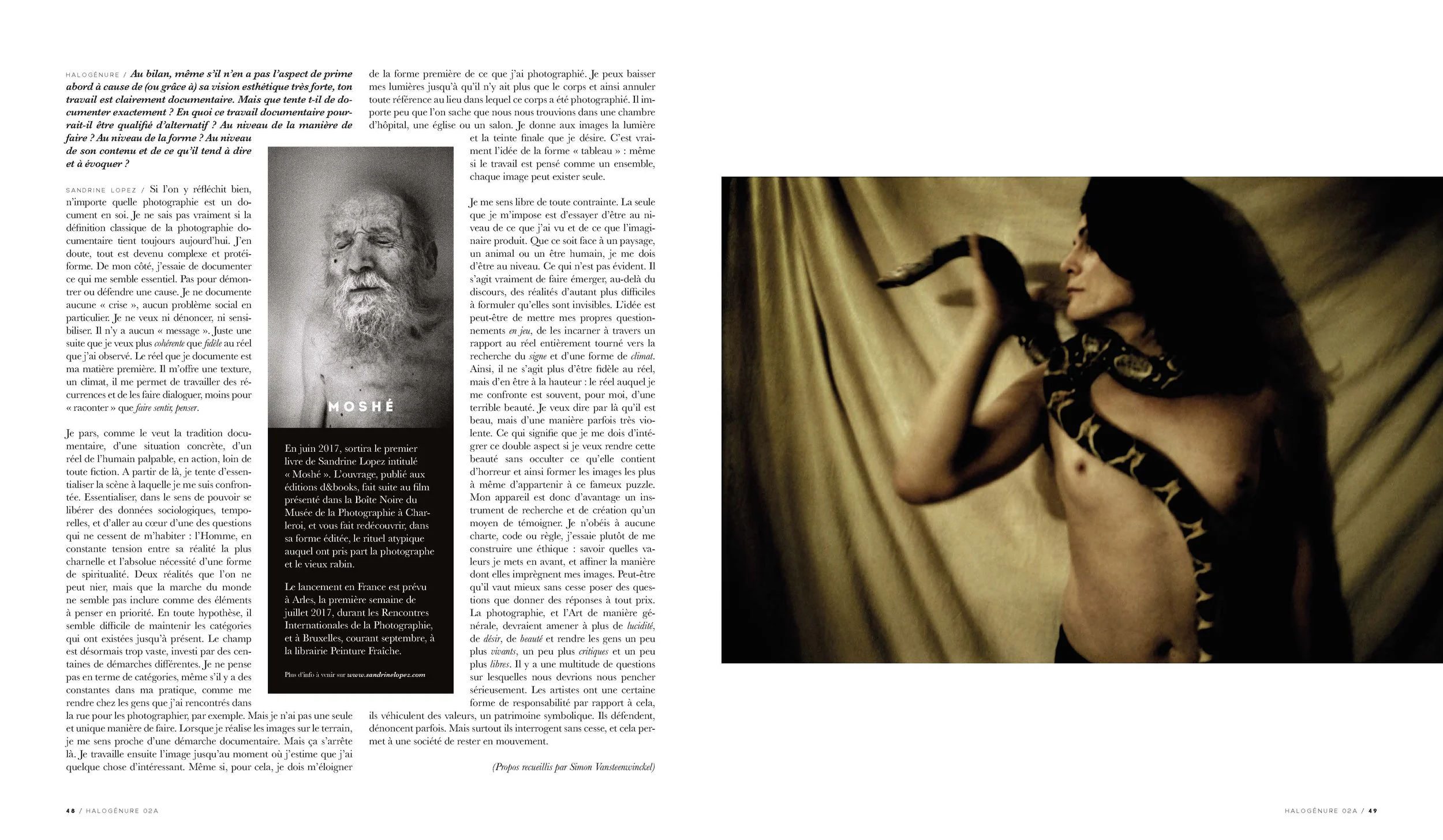 Page de magazine avec texte en français, une photo d'un homme âgé et une photo d'une femme avec un serpent.
