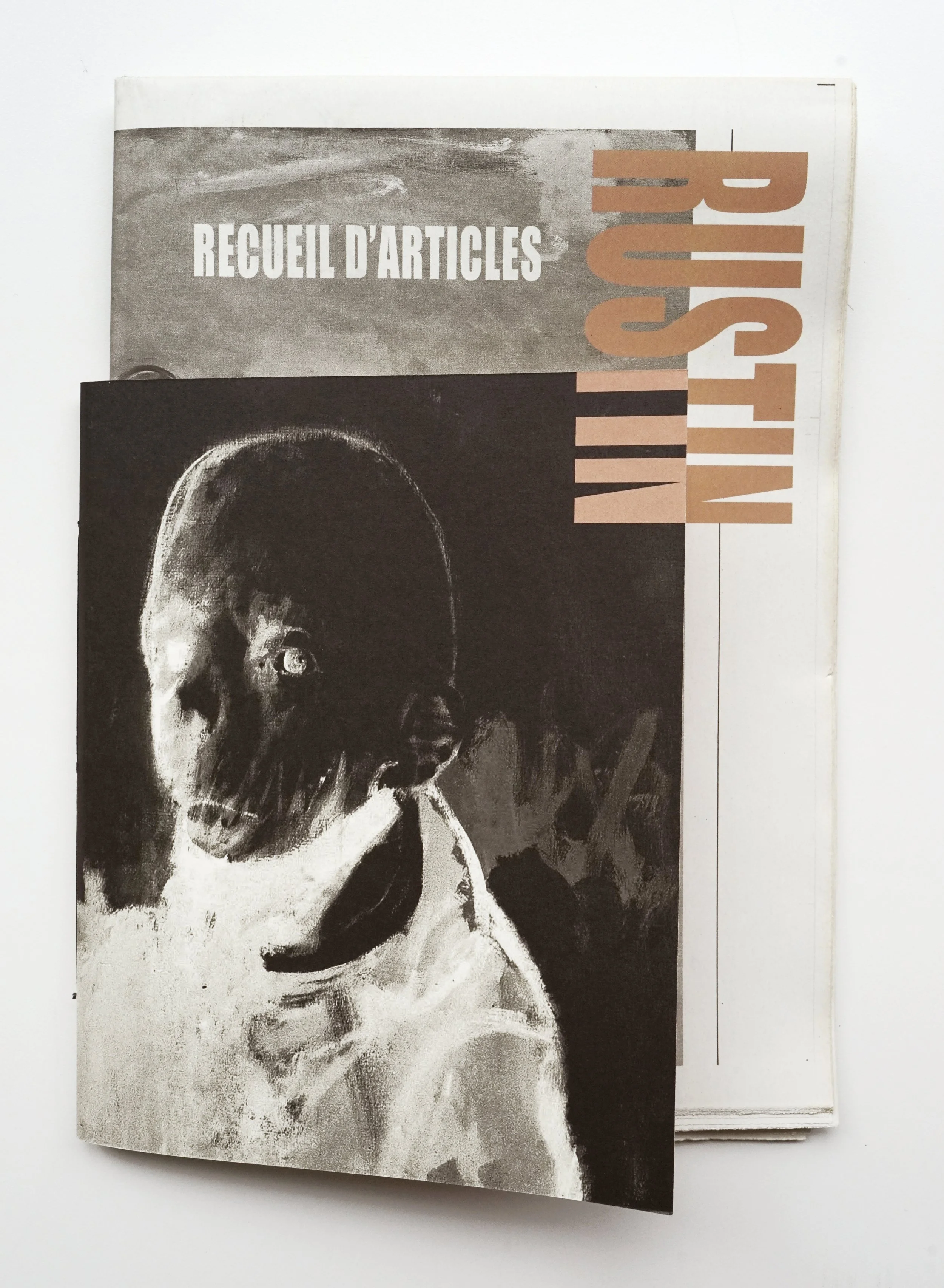 Deux recueils d'articles, dont un avec une couverture illustrée en noir et blanc d'un squelette de chien et un autre gris avec le titre 'Recueil d'Articles', appuyés l'un sur l'autre.
