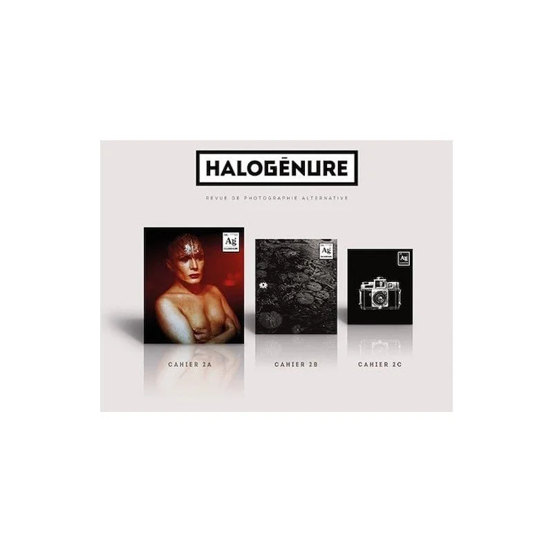 Couverture d'une revue intitulée 'HALOGÊNURE' avec trois images de livres ou cahiers sur la photographie, intitulés 'CAHIER 2A', 'CAHIER 2B' et 'CAHIER 2C'.