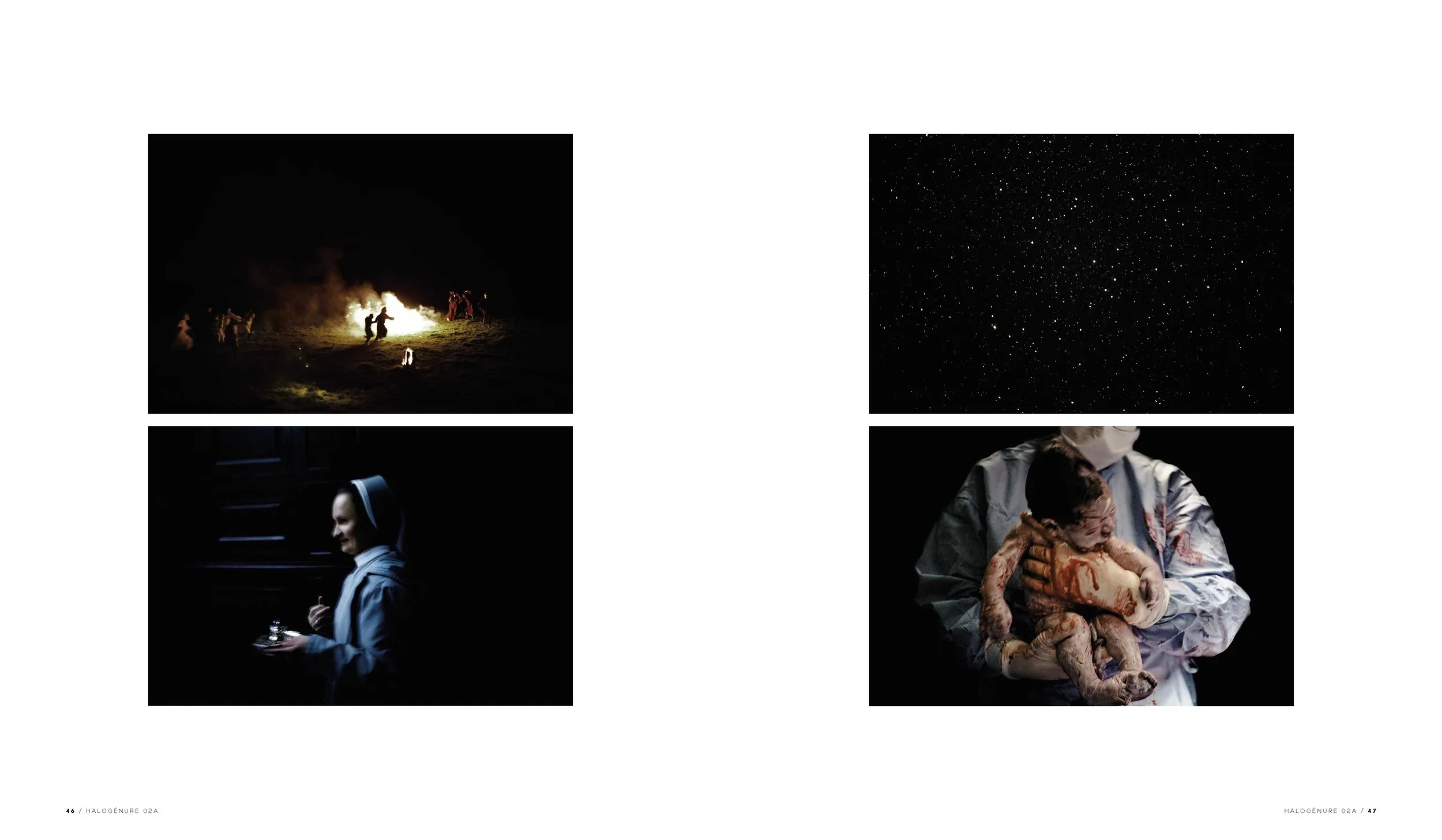 Une image divisée en quatre parties, une scène nocturne avec des personnes autour d’un feu, un ciel étoilé, une religieuse souriante en tenue religieuse et une personne en blouse médicale tenant un bébé né prématuré dans un contexte médical