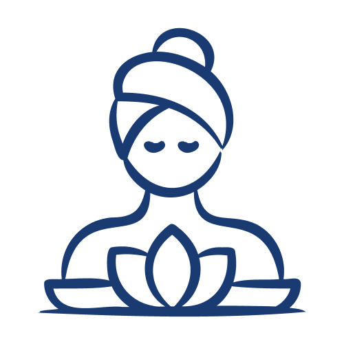 Line drawing of a person with a towel turban and closed eyes meditating with a flower and water