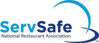 ServSafe logo with blue and dark blue text and a swoosh design
