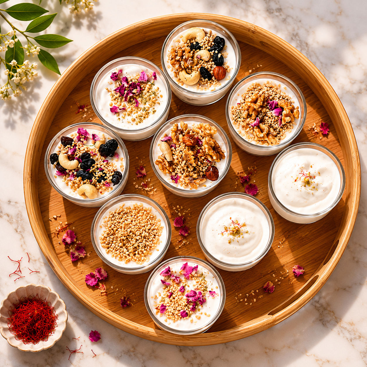 Assorted bowls of Indian-style yogurt desserts garnished with nuts, dried fruits, and edible flowers, arranged on a round wooden tray.