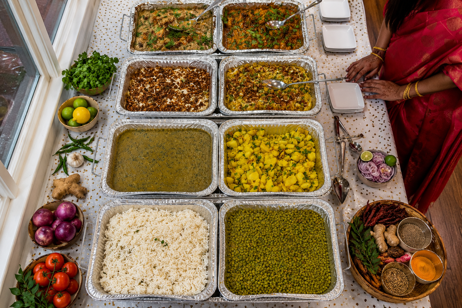 A buffet table with various Indian dishes in aluminum trays, including rice, lentils, vegetables, and curries, surrounded by fresh vegetables, herbs, and spices.