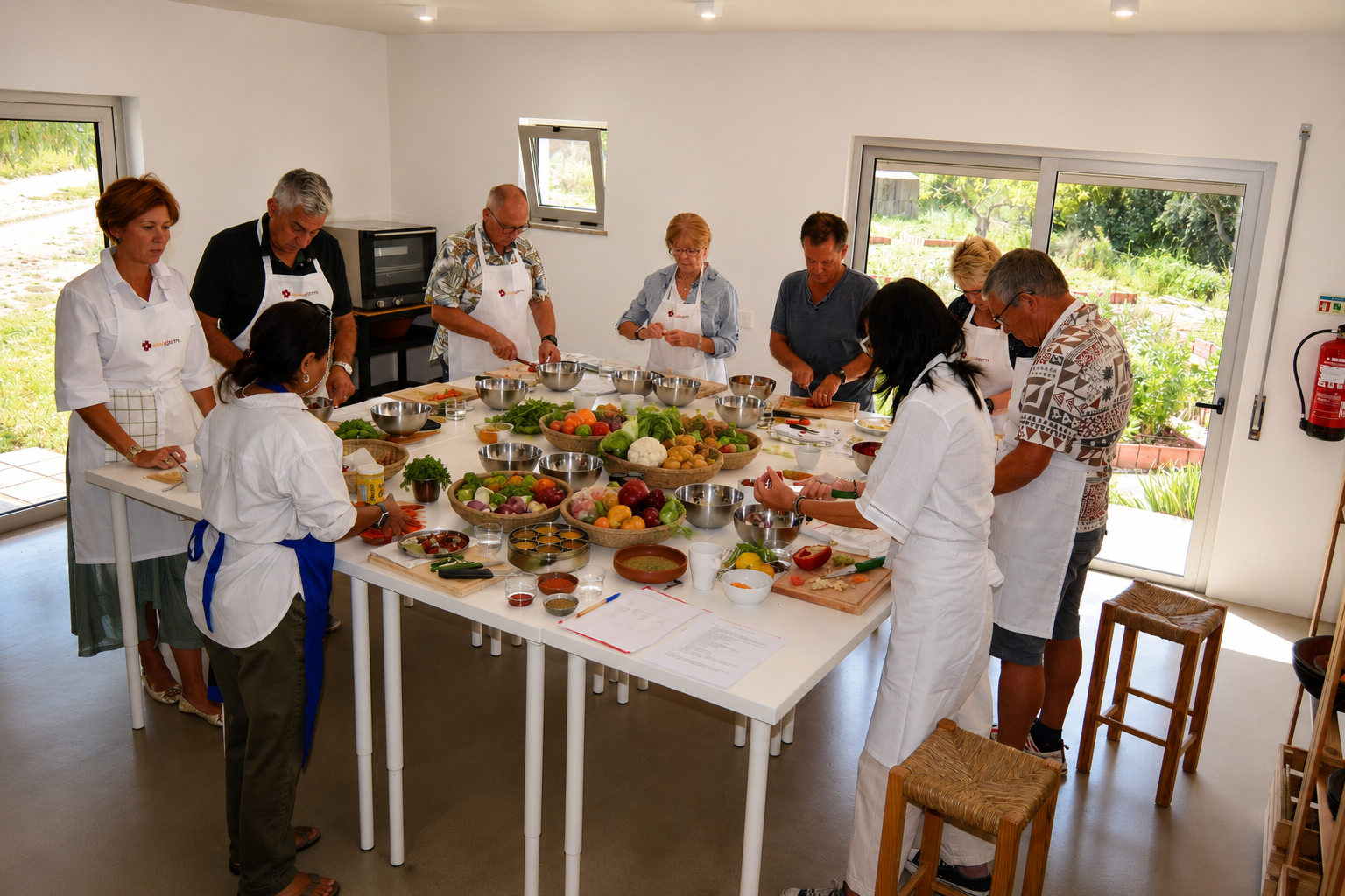 Students learning authentic Indian recipes in a hands-on cooking workshop with Chef Sarita Bhagwat in the Boston area.