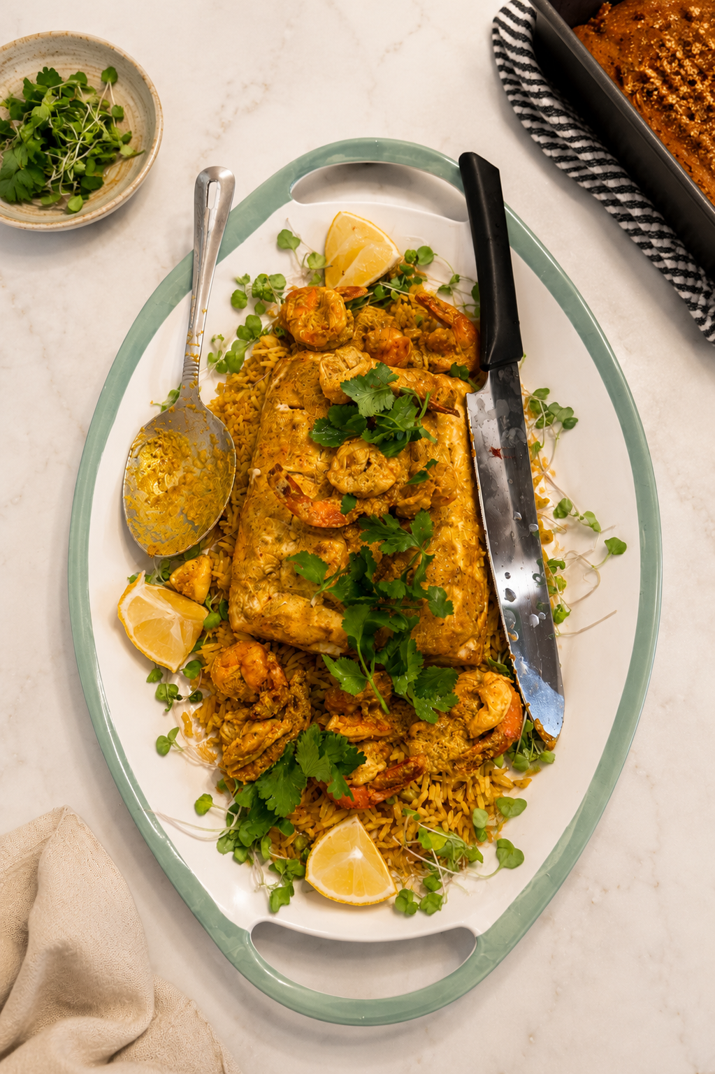 A seafood dish with rice, garnished with cilantro and lemon wedges on a white platter, with a black-handled knife and a spoon.