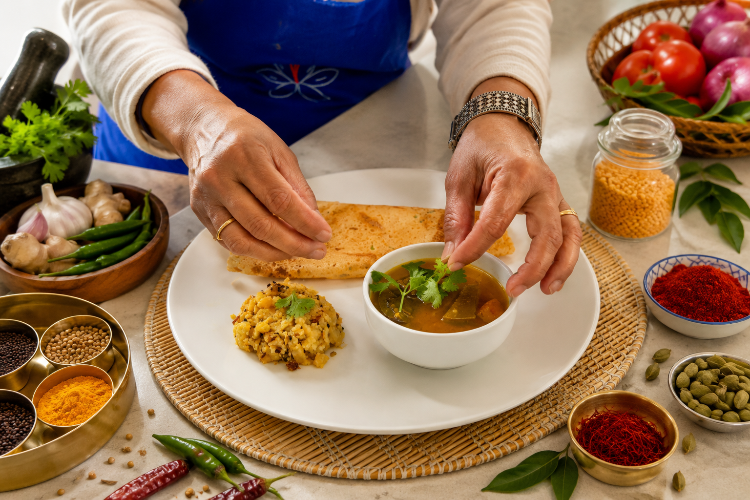 Indian Personal Chef preparing South Indian meal with spices, vegetables, and herbs on a countertop.