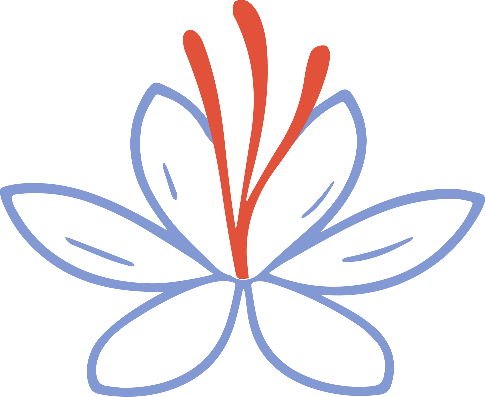 A stylized illustration of a flower with blue petals and red stamens on a black background.