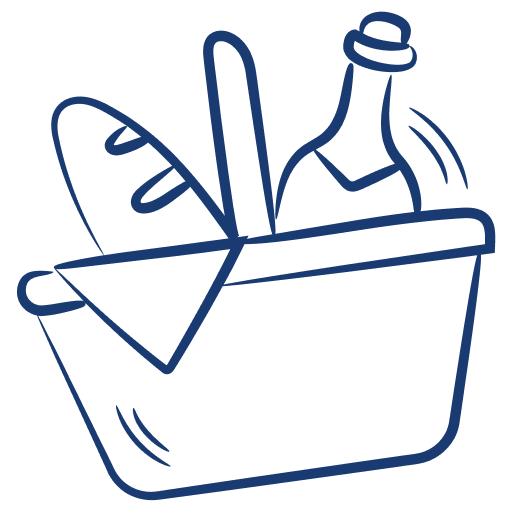Line drawing of a shopping basket containing a loaf of bread, a bottle, and a leaf.