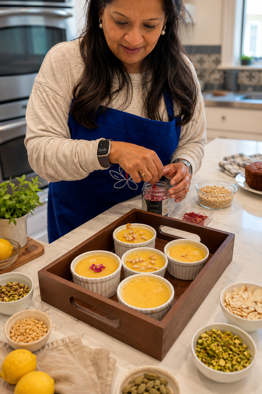 Woman in a blue apron sprinkling toppings on dessert in ramekins, with bowls of various nuts and ingredients on the kitchen counter.