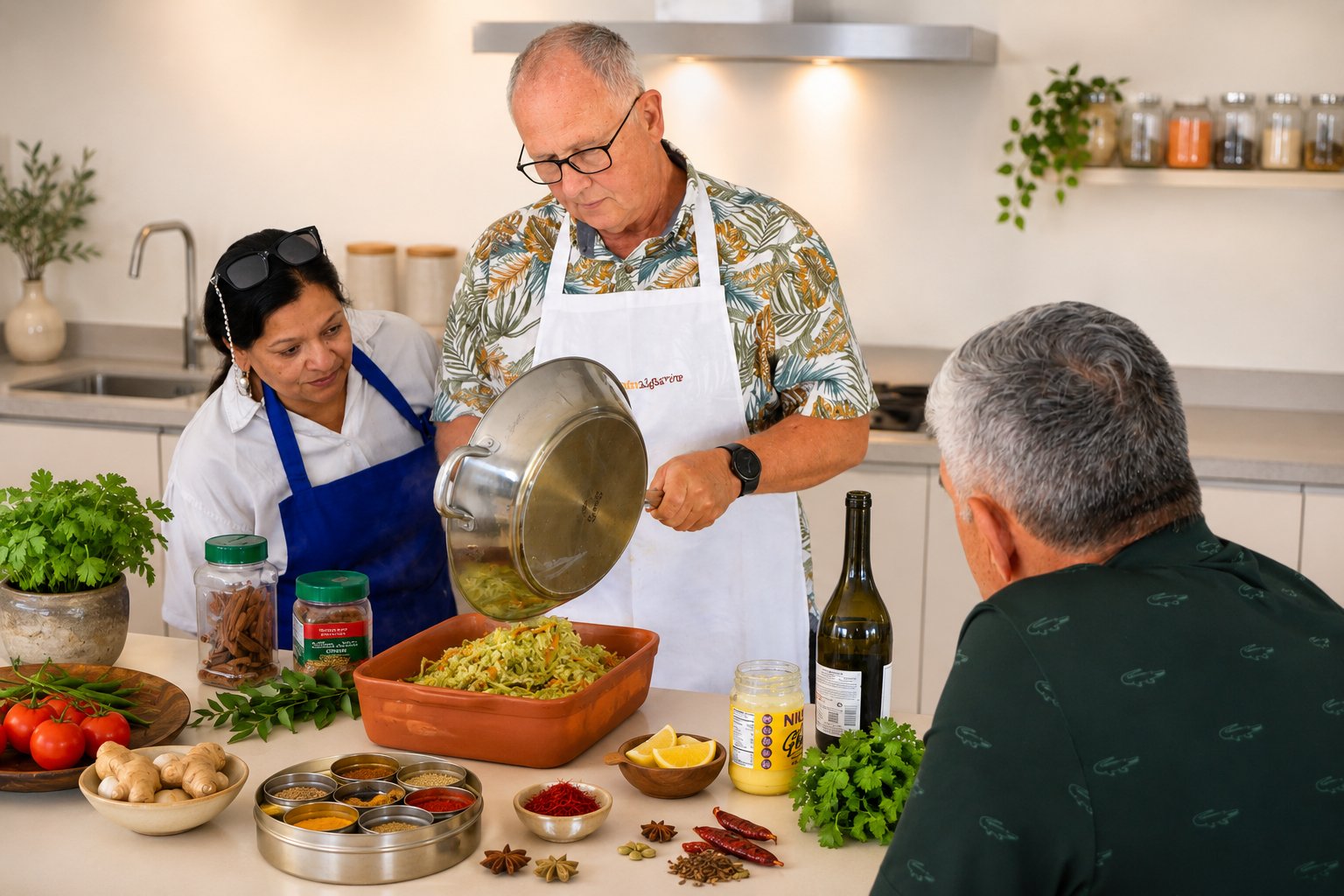 Indian Cooking class in progress, where the chef is explaining  and preparing a meal; one man is pouring food into a baking dish while two women observe; various herbs, spices, vegetables, and cooking ingredients are on the countertop.
