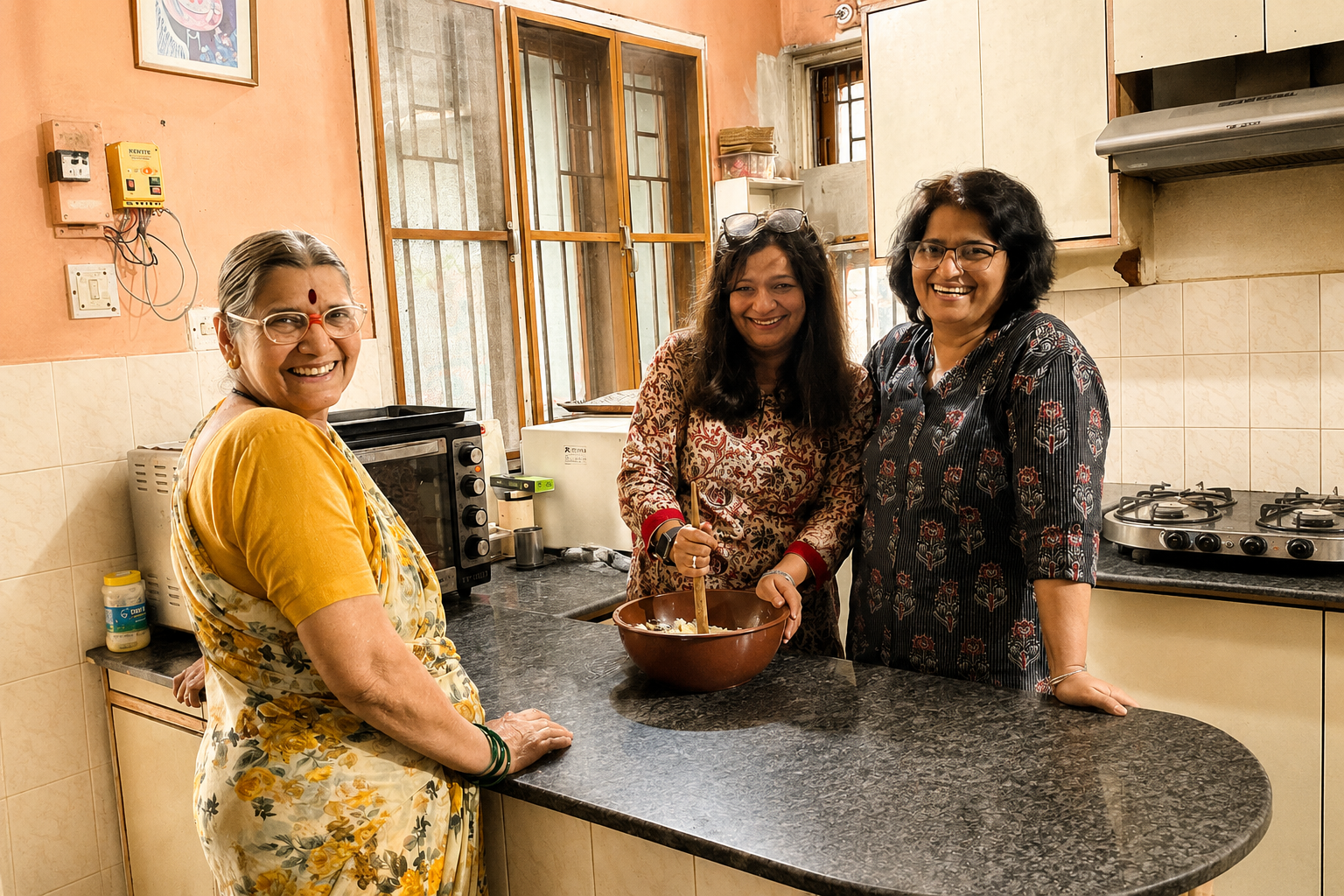 Three women smiling and cooking together in a kitchen. The woman on the left is wearing a yellow dress with floral patterns and glasses. The woman in the middle is stirring a bowl, wearing a patterned dress with red accents. The woman on the right is wearing a black patterned top and glasses, leaning on the kitchen counter.