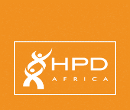 HPD Africa logo on an orange background with white text and symbols.