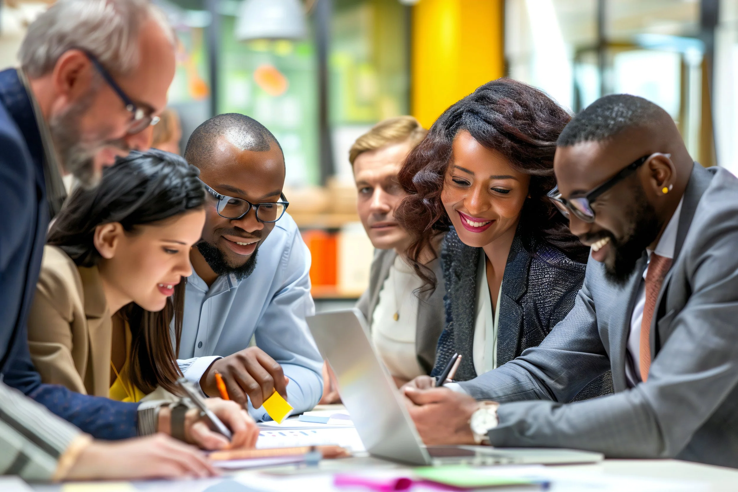 A group of diverse professionals gathered around a table, engaged in a discussion or collaborative work in a brightly lit modern office.