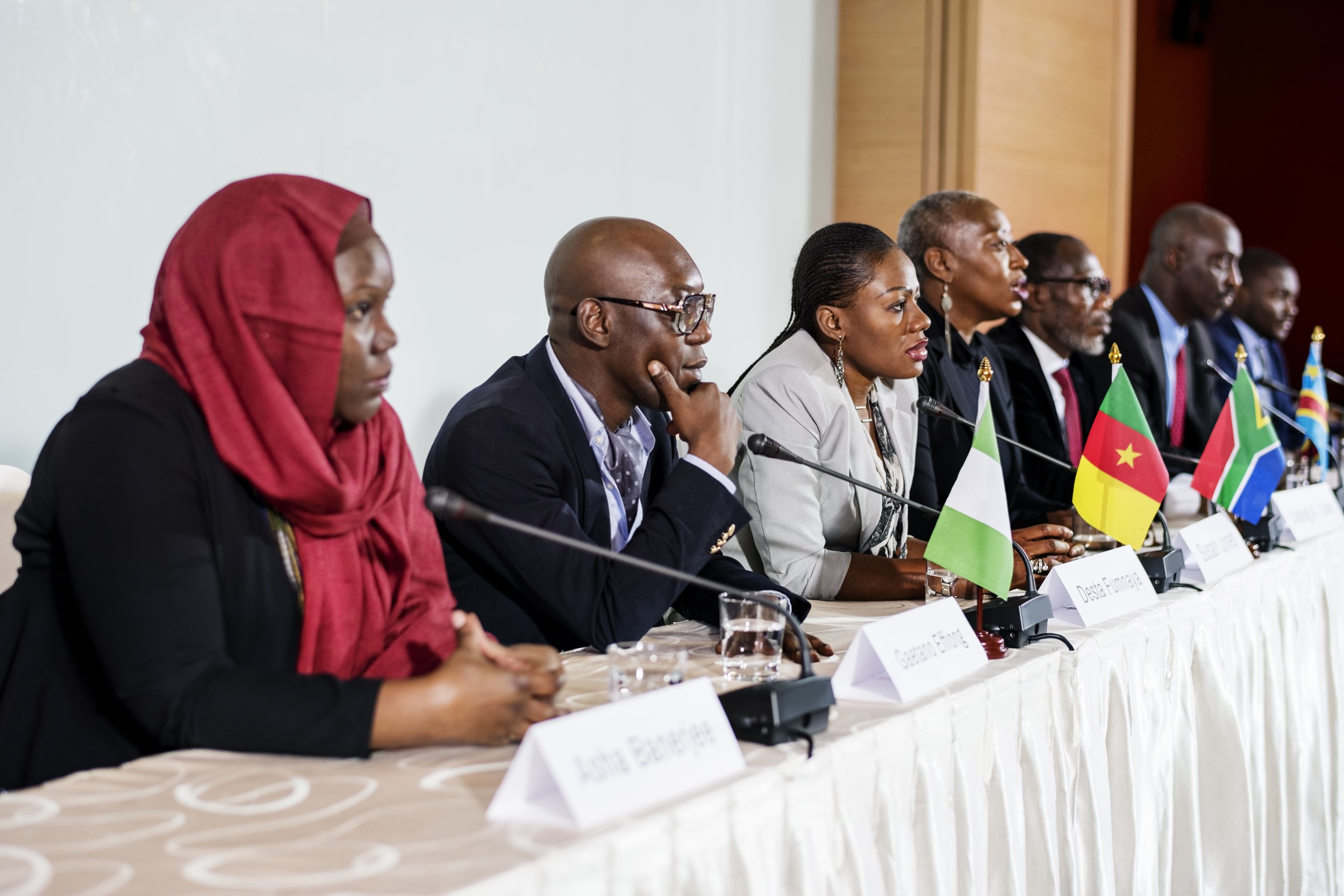 A diverse group of people sitting at a panel table during a formal event, with small flags of various countries in front of them.