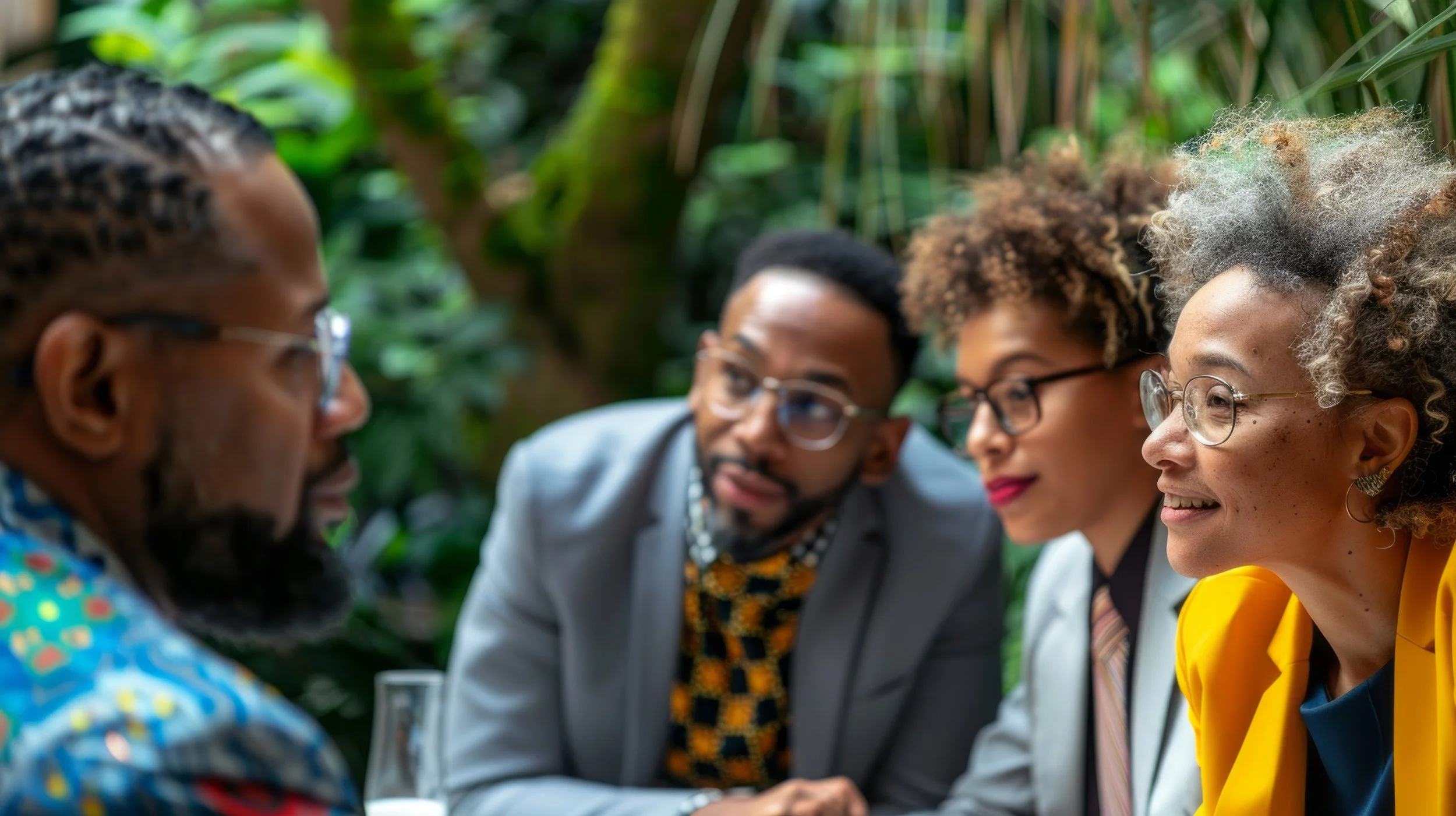 Group of five diverse adults engaged in a conversation outdoors surrounded by greenery.