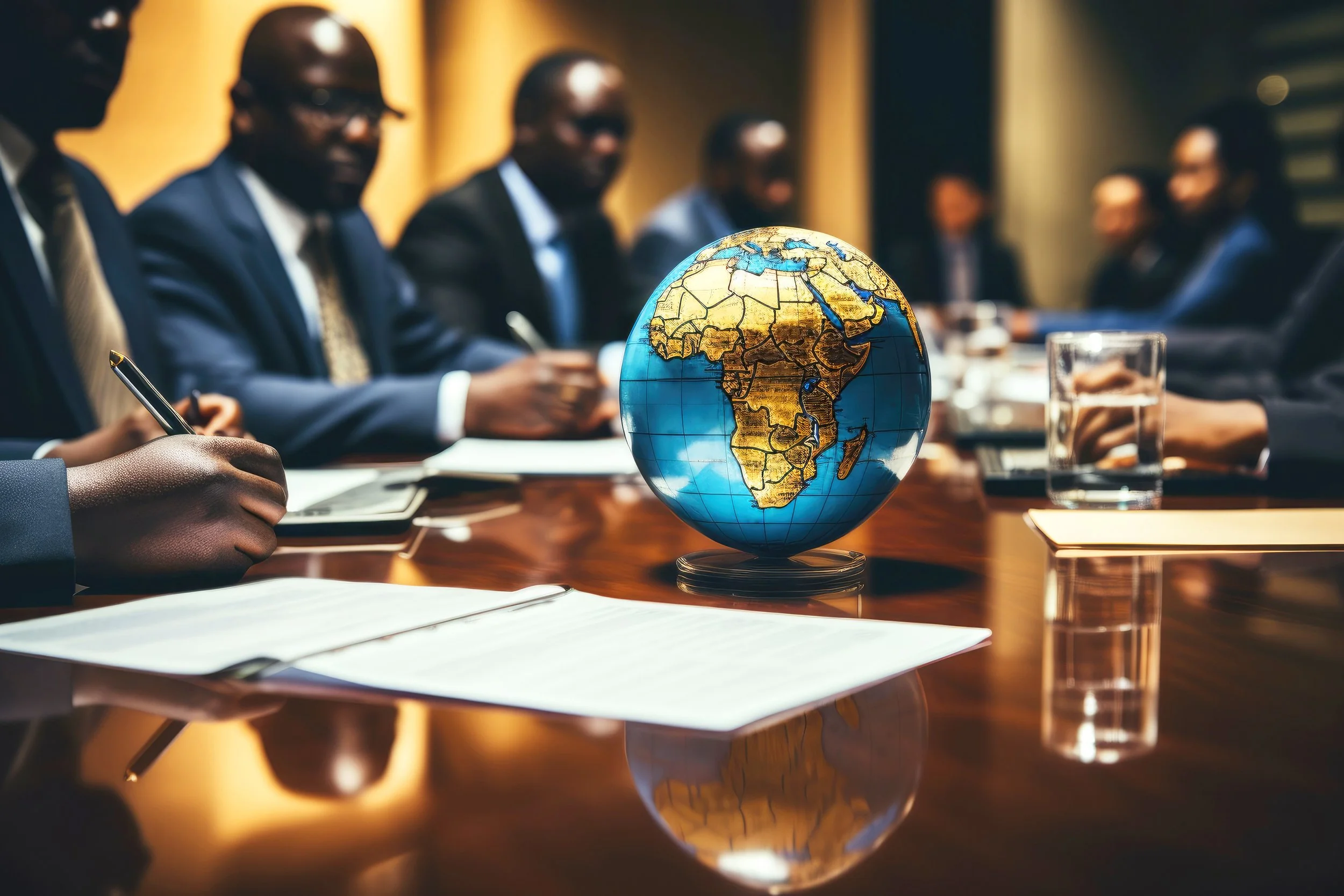 A conference room with a globe of Africa on the table, surrounded by businesspeople in suits, with some taking notes and others listening.