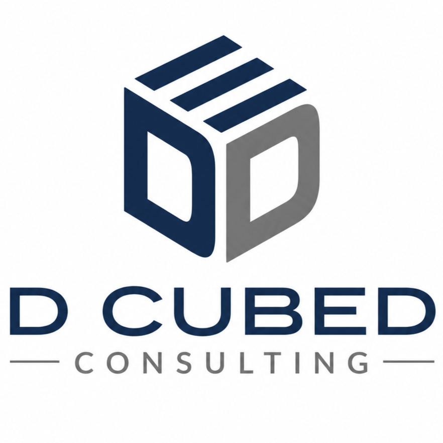 Logo for D Cubed Consulting featuring a 3D cube with the letters D on two visible sides, with the company name underneath.