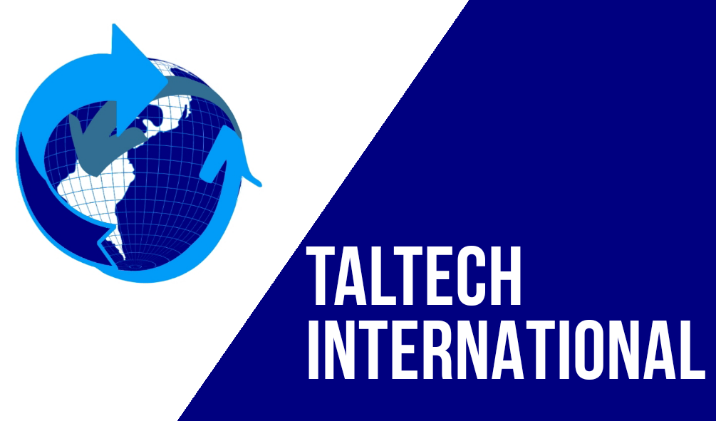 Taltech International logo with a stylized globe and arrows on a blue and white background.