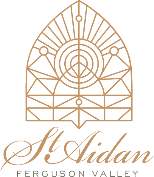 Stylized stained glass window design with geometric patterns and a circular motif at the center, accompanied by the text 'St Aidan Ferguson Valley' in elegant script and serif fonts.