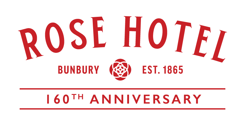 Rose Hotel Bunbury 160th Anniversary logo with a red rose emblem and text indicating establishment in 1865.