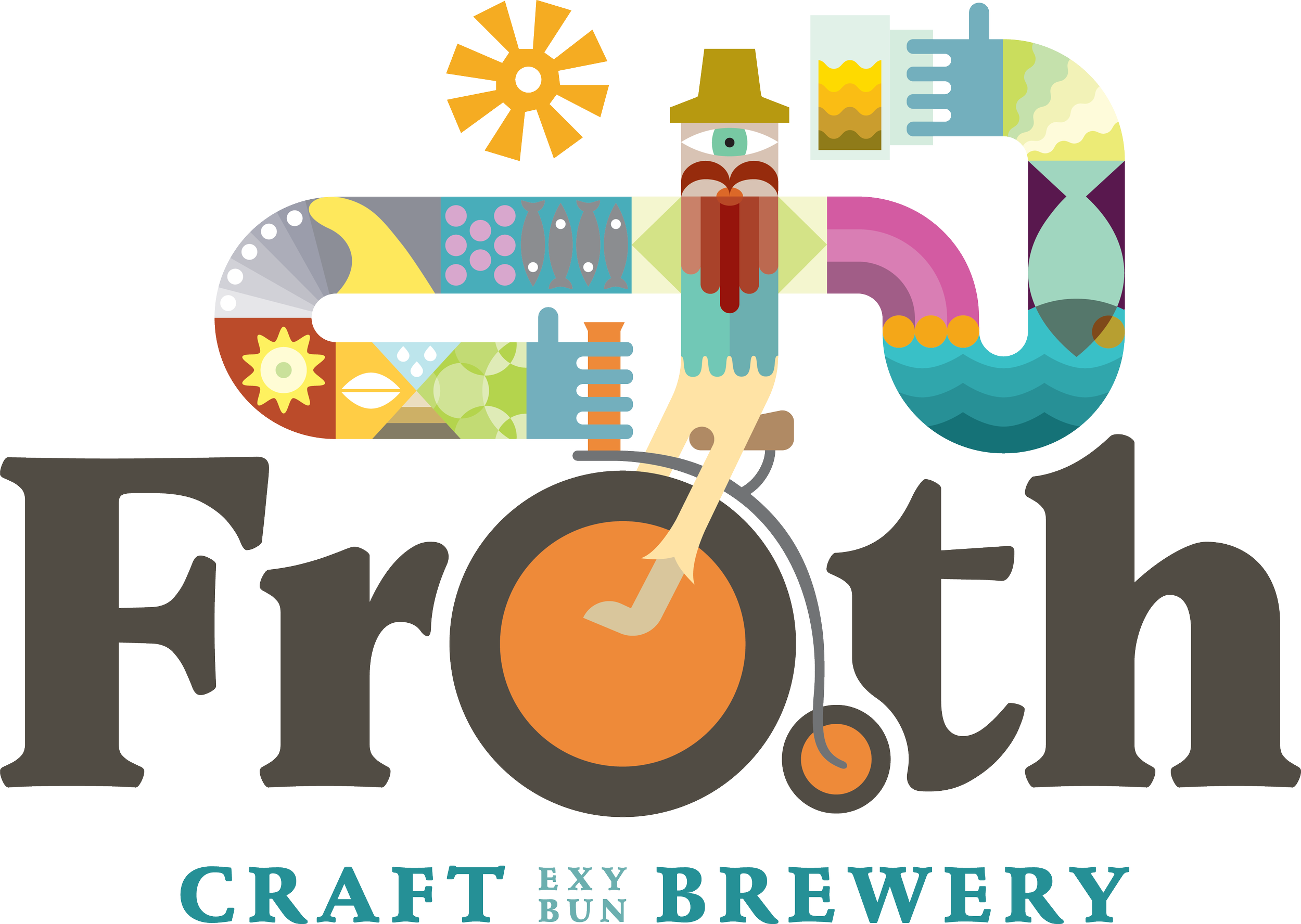 A colorful logo for a craft brewery featuring a stylized bicycle integrated with various vibrant shapes and icons, with the text 'CRAFT & BREWERY' below.