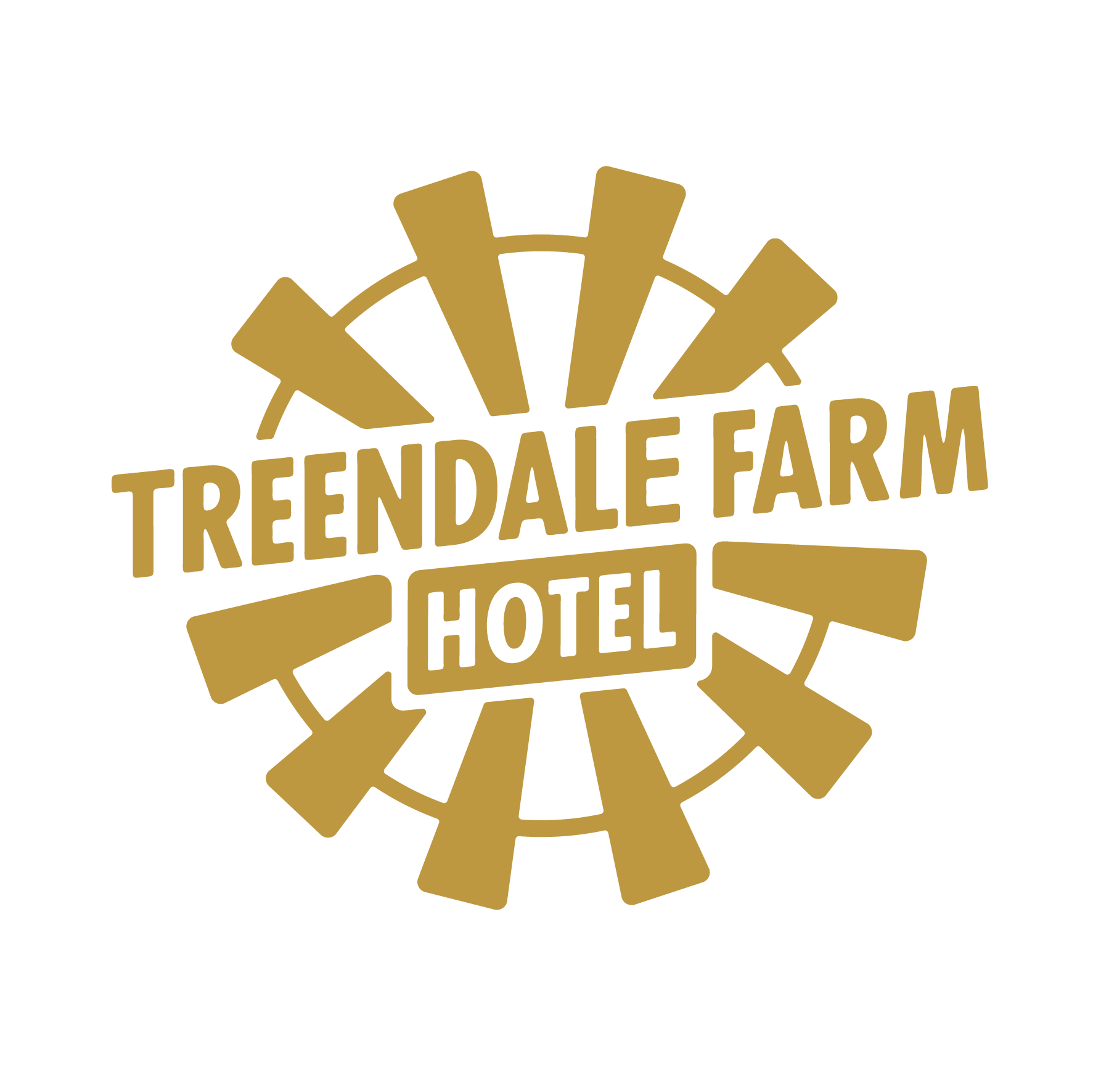 Logo for Treendale Farm Hotel with a circular design of stylized building elements in gold, with the hotel name written below.
