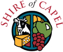 Logo of Shire of Capel featuring a cow, grapes, cheese, and a landscape.