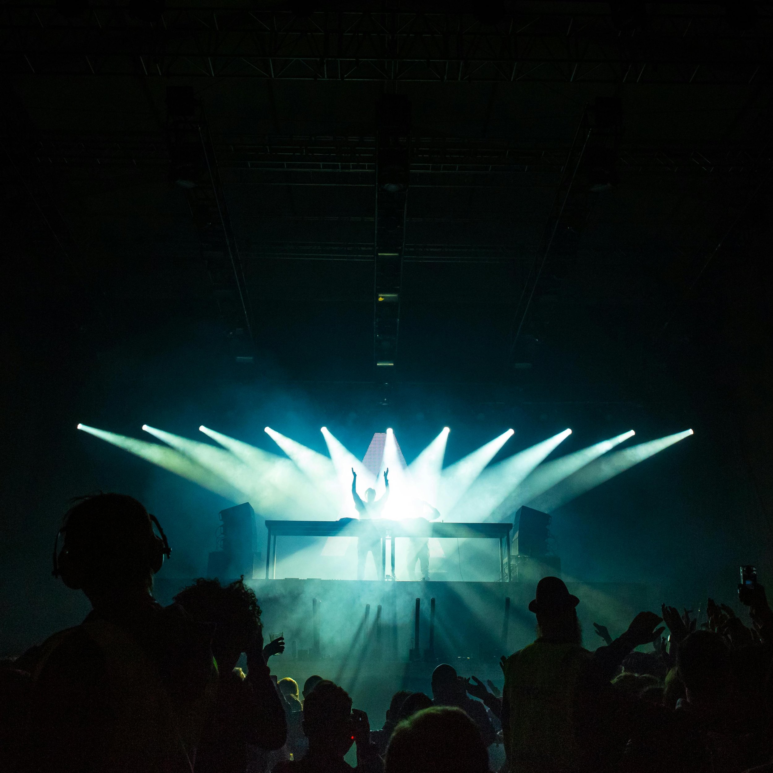 Concert scene with a DJ on a stage illuminated by bright green and white spotlights, with silhouettes of the audience in front.